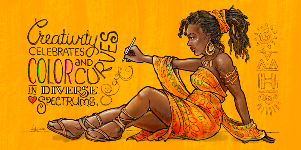 an illustration of a young African American Girl in profile sitting on the floor with her legs extended writing on the wall. 